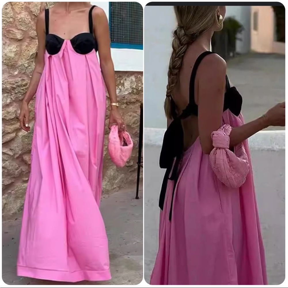 Chic PINK and BLACK Open-back Bralette MAXI Dress with Black ribbon bow strap